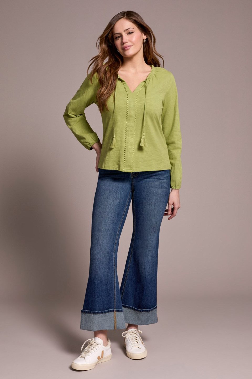 Tassel-Accent Split Neck Top-Wasabi