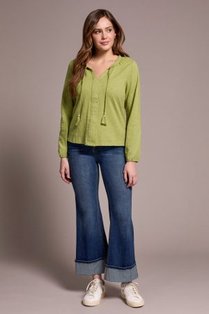 Tassel-Accent Split Neck Top-Wasabi