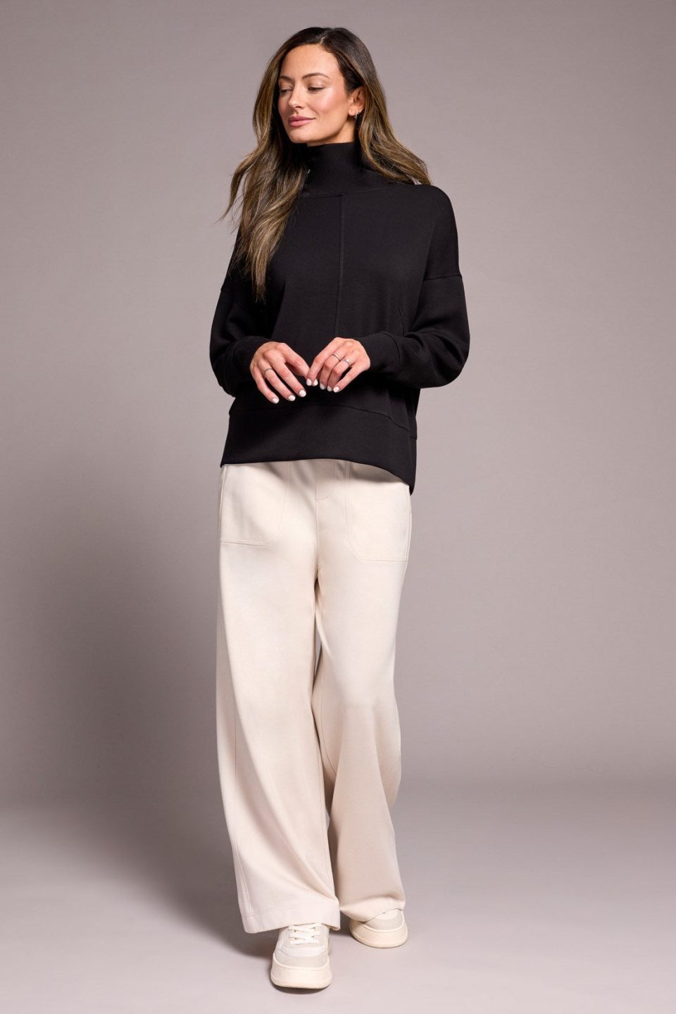 Techno Lux Drop Shoulder Funnel Neck Knit Top-Black