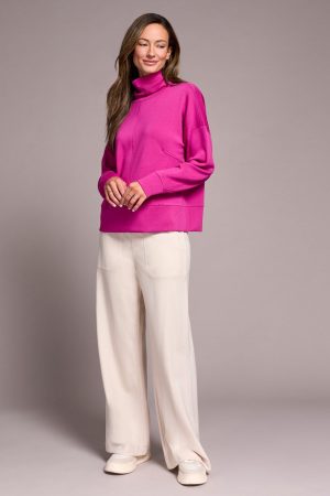 Techno Lux Drop Shoulder Funnel Neck Knit Top-Pink flambe