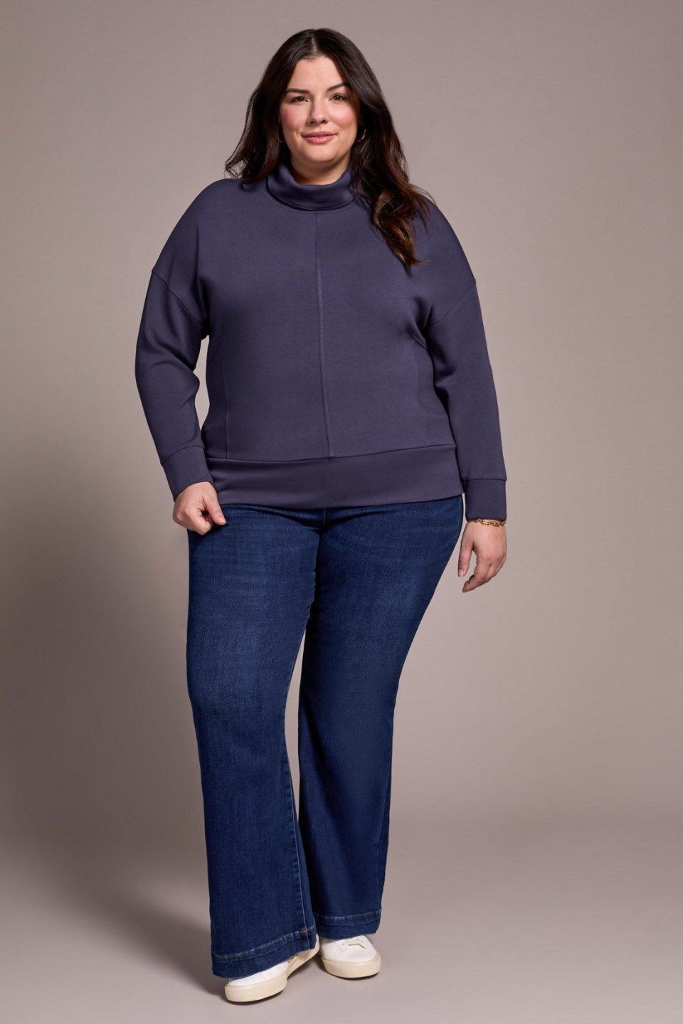 Techno Lux Drop Shoulder Funnel Neck Knit Top-Sapphire