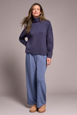 Techno Lux Drop Shoulder Funnel Neck Knit Top-Sapphire