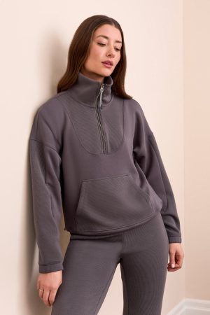 Techno Lux Rib Zip-Accent Mock Neck Sweater-Charcoal