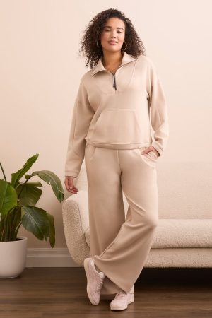 Techno Lux Rib Zip-Accent Mock Neck Sweater-Sandstone