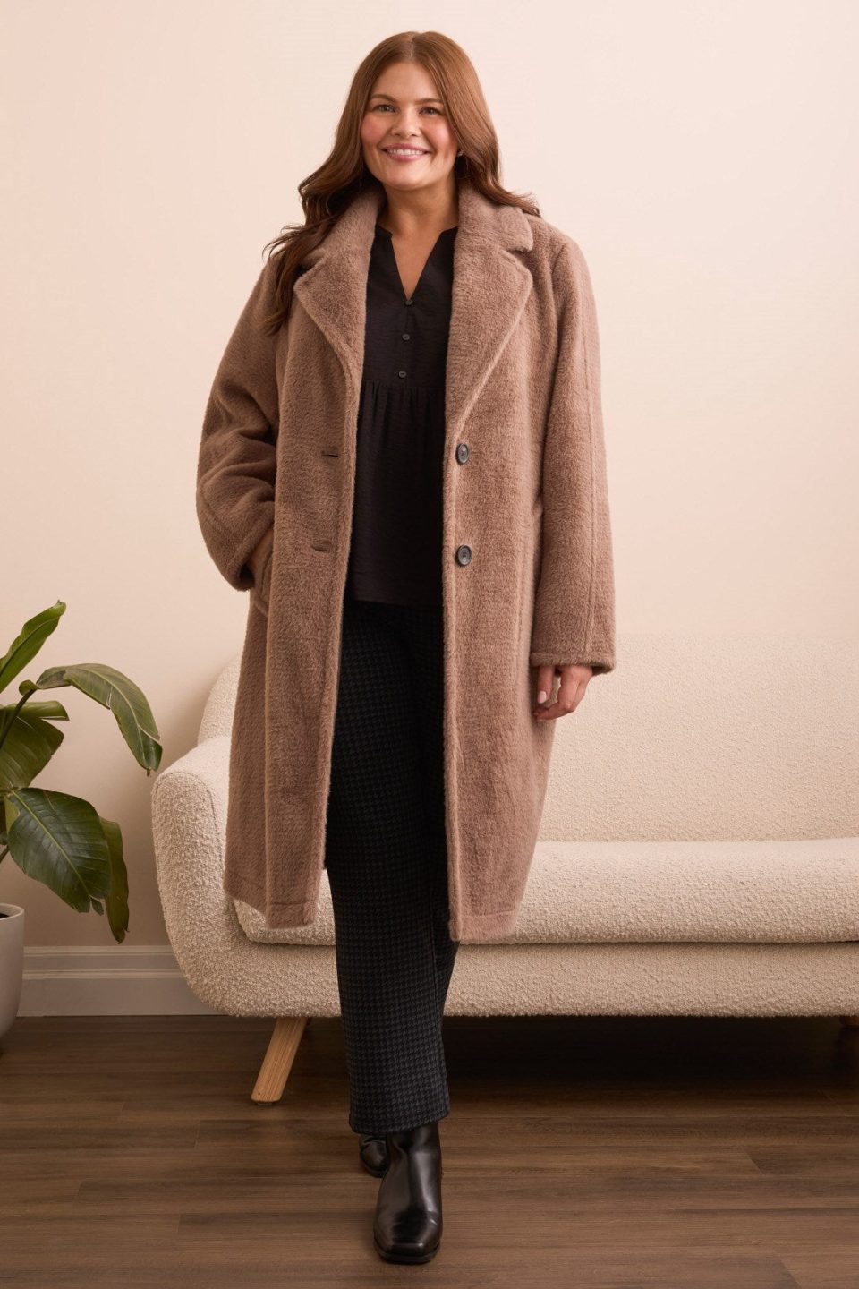 Soft Plush Button-Front Coat-Fossil