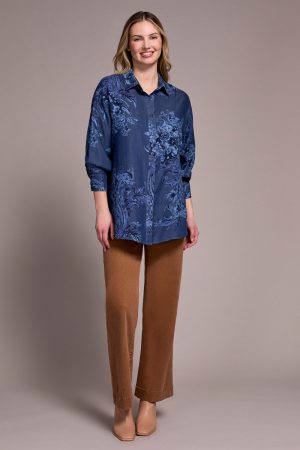 Tencel Printed Button-Up Chambray Blouse-Dkchambray