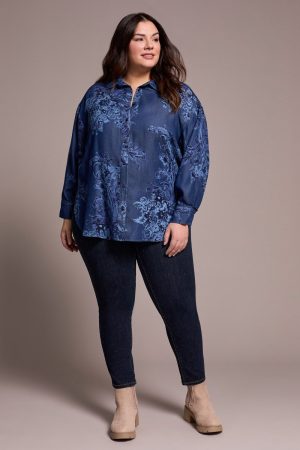 Tencel Printed Button-Up Chambray Blouse-Dkchambray