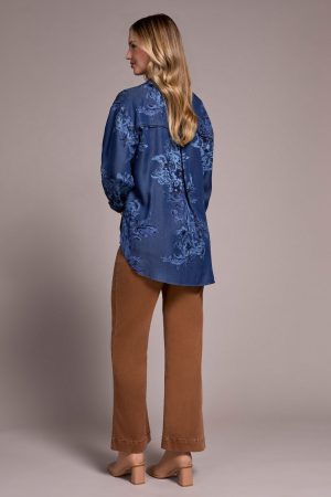 Tencel Printed Button-Up Chambray Blouse-Dkchambray