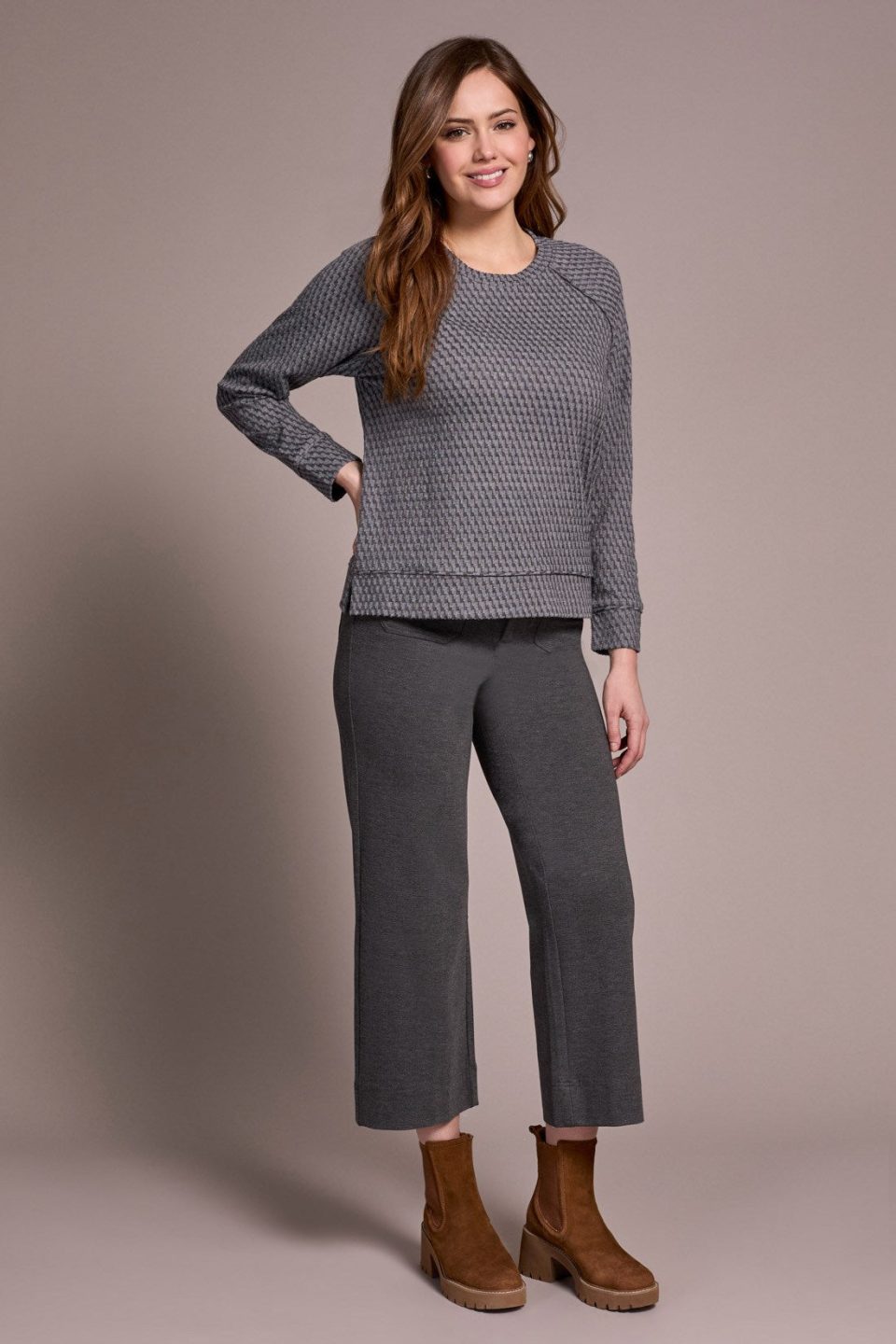 Textured Knit Crew Neck Raglan Sleeve Knit Top-Charcoal