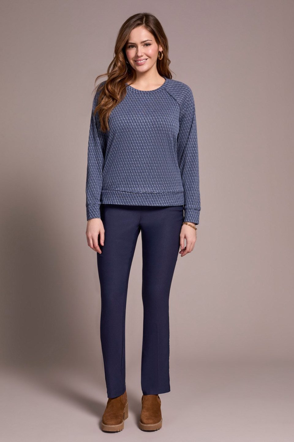 Textured Knit Crew Neck Raglan Sleeve Knit Top-Sapphire