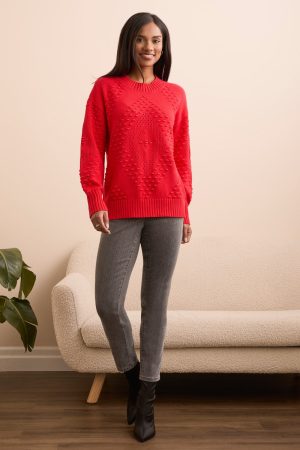 Textured Long Puff Sleeve Cotton Sweater-Carmine