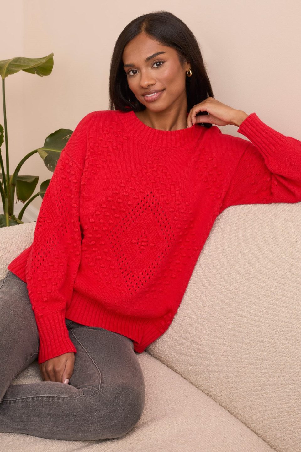 Textured Long Puff Sleeve Cotton Sweater-Carmine