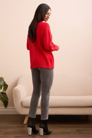 Textured Long Puff Sleeve Cotton Sweater-Carmine