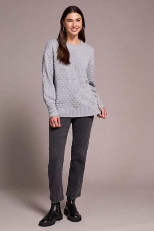Textured Long Puff Sleeve Cotton Sweater-Grey mix