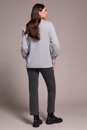Textured Long Puff Sleeve Cotton Sweater-Grey mix