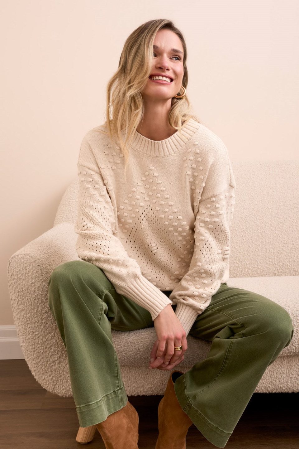 Textured Long Puff Sleeve Cotton Sweater-Moonstone
