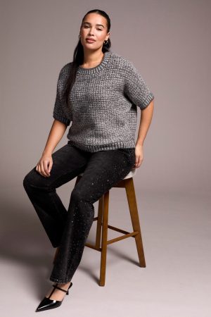 Textured Sparkle Knit Top-Charcoal
