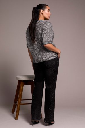 Textured Sparkle Knit Top-Charcoal