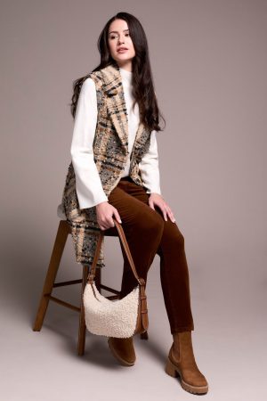 Textured Plaid Wide Notch Collar Long Vest-Sandstone