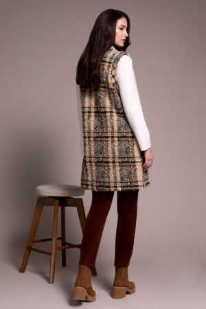 Textured Plaid Wide Notch Collar Long Vest-Sandstone