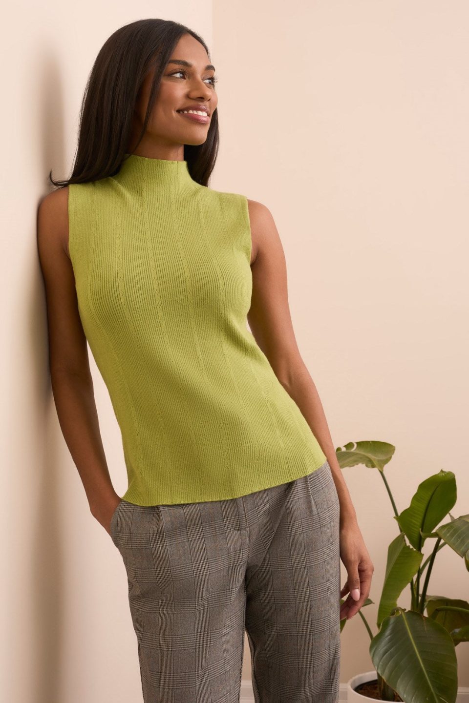 Textured Sleeveless Mock Neck Top-Wasabi