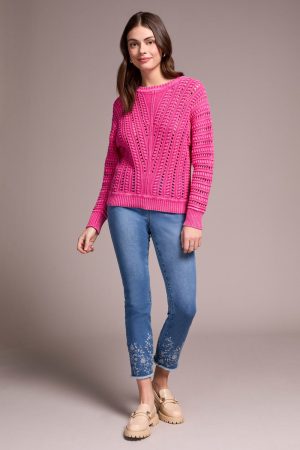 Textured Special Wash Crew Neck Sweater-Cherrypink