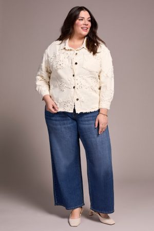 Rhinestone Applique Collared Shacket-Cream