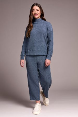 Two-Tone Crinkle Drop Shoulder Mock Neck Top-Slateblue