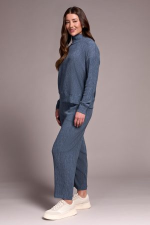 Two-Tone Crinkle Drop Shoulder Mock Neck Top-Slateblue