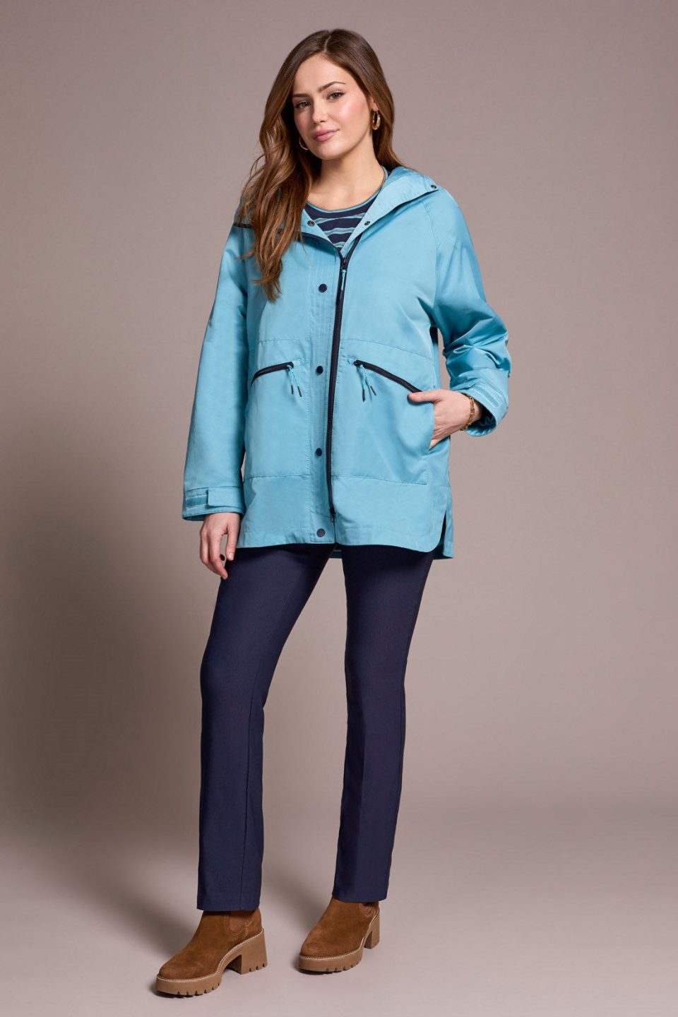 Water Repellent Lightweight Hooded Coat-Mistblue