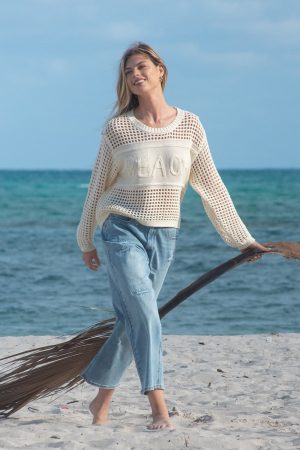 Open Crochet Long Sleeve Crew Neck Sweater With Embroidery-Buttercream