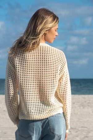 Open Crochet Long Sleeve Crew Neck Sweater With Embroidery-Buttercream