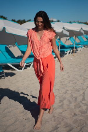 Printed Wrap Front Flowy Cover-Up Pants-Bright mango