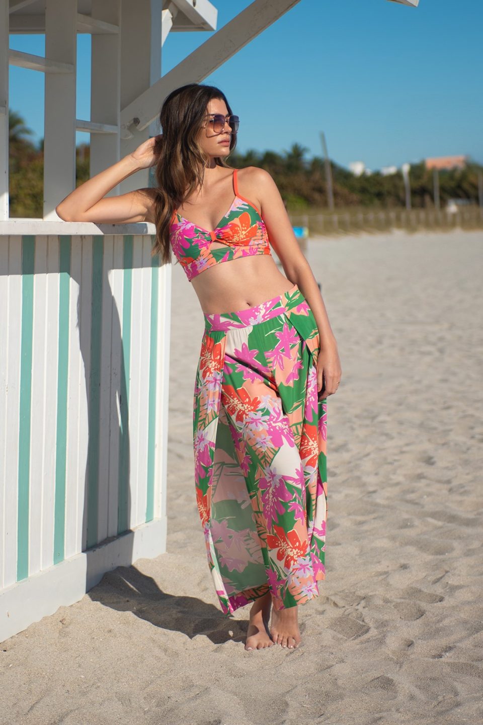 Printed Wrap Front Flowy Cover-Up Pants-Cartagena